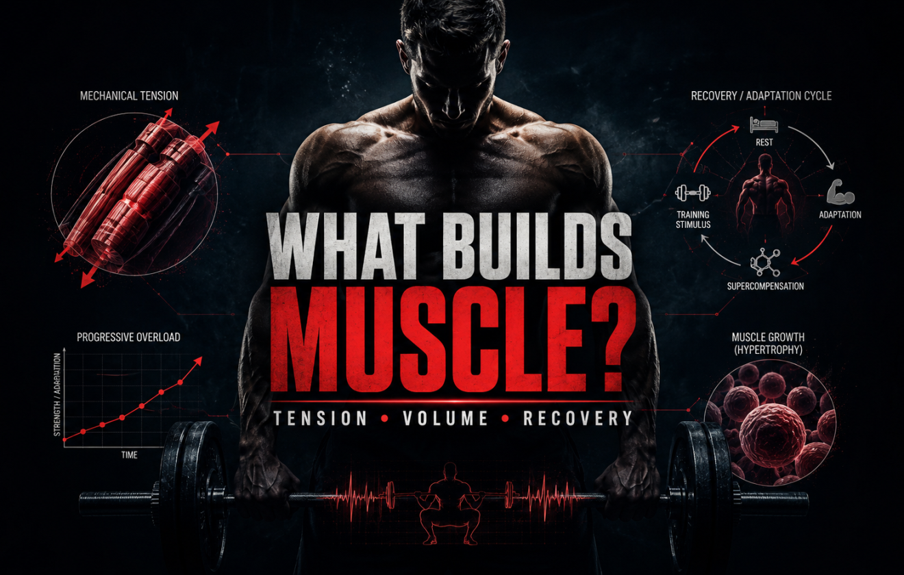 What builds muscle mechanical tension and hypertrophy science