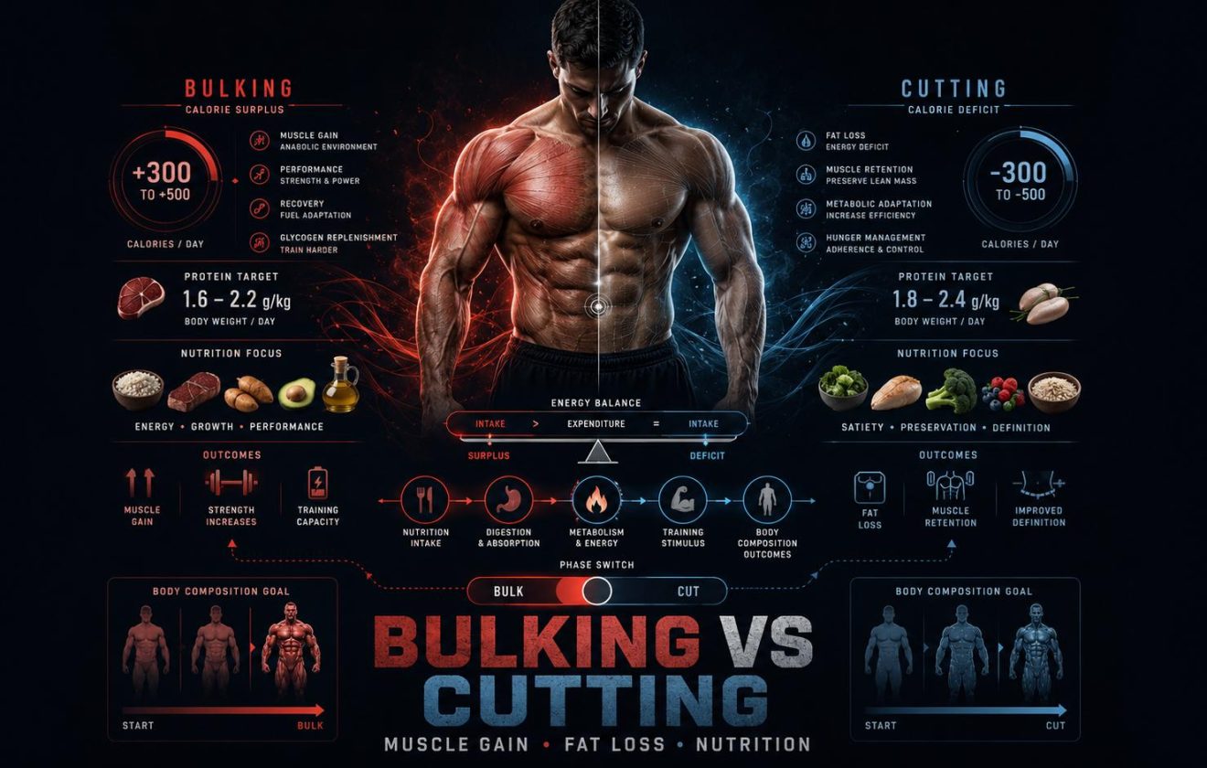 Bulking vs cutting nutrition guide about muscle gain fat loss and calories