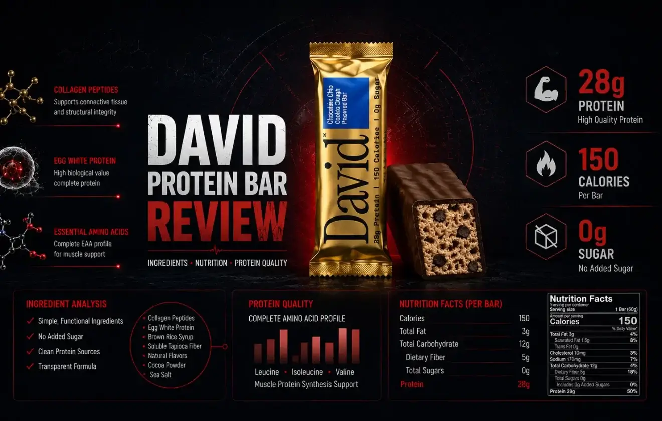 David Protein Bar review showing original packaging, ingredients, nutrition facts, and protein quality analysis