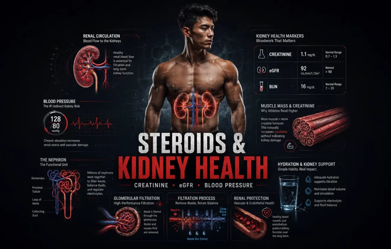 Steroids and kidney health guide explaining creatinine eGFR blood pressure and kidney function in strength athletes