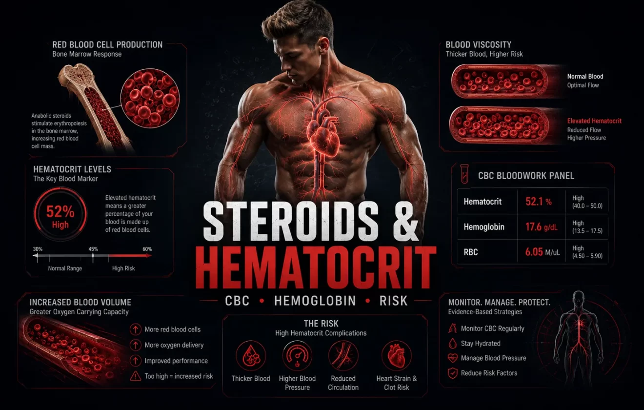 Steroids and high hematocrit guide explaining elevated red blood cell production, hemoglobin, CBC bloodwork, and cardiovascular risk