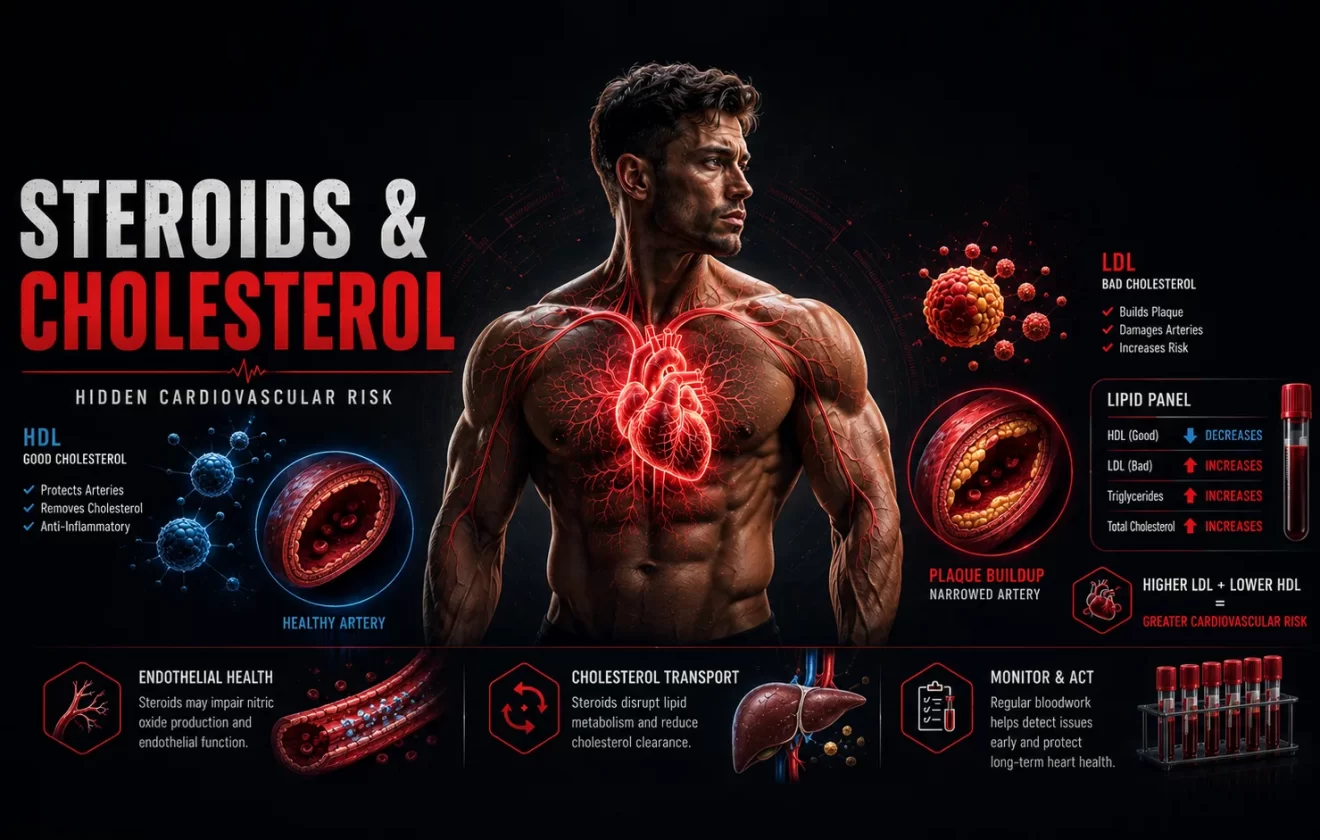 Steroids and cholesterol guide explaining HDL reduction LDL increase and hidden cardiovascular risk