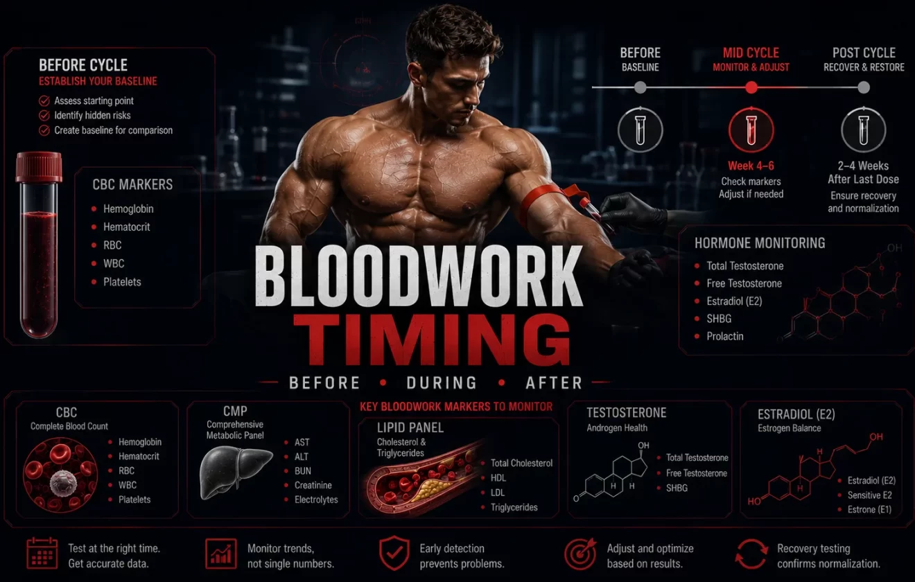 Bloodwork timing during an anabolic steroid cycle showing laboratory monitoring before during and after a cycle