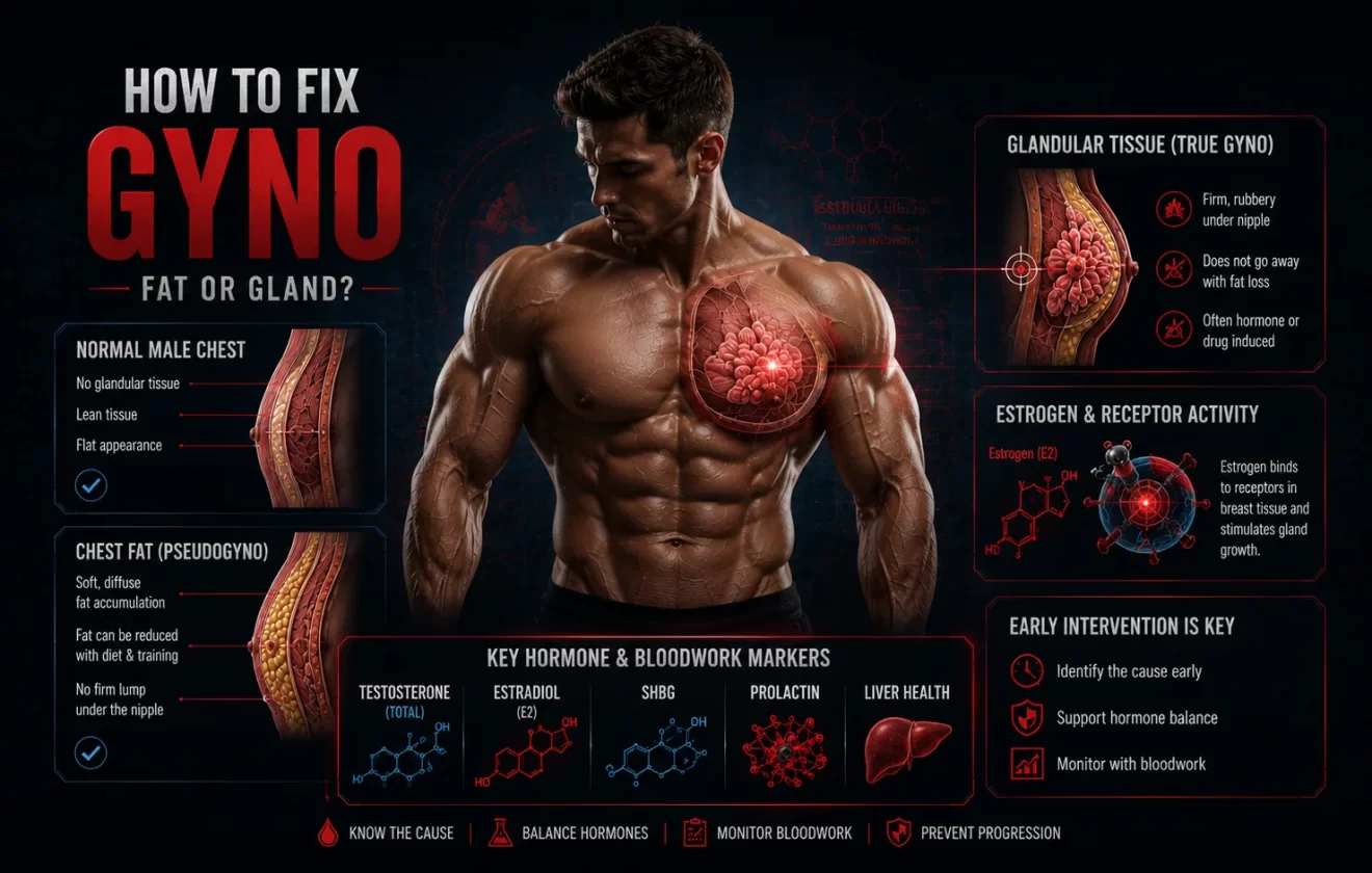 Gynecomastia treatment guide showing chest anatomy glandular tissue hormone balance and medical evaluation