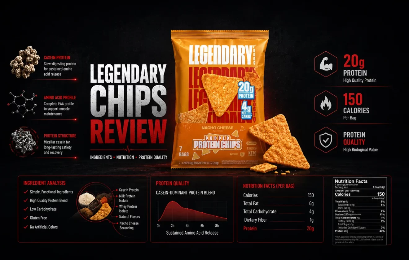 Legendary Chips review showing original package, nutrition facts, ingredients, and protein quality analysis