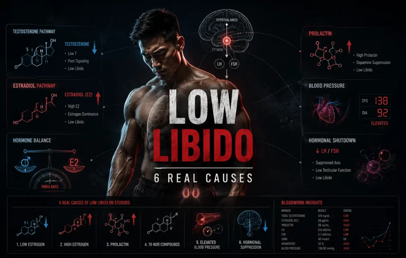 Low libido on steroids showing endocrine hormone imbalance testosterone estradiol prolactin and bloodwork visualization