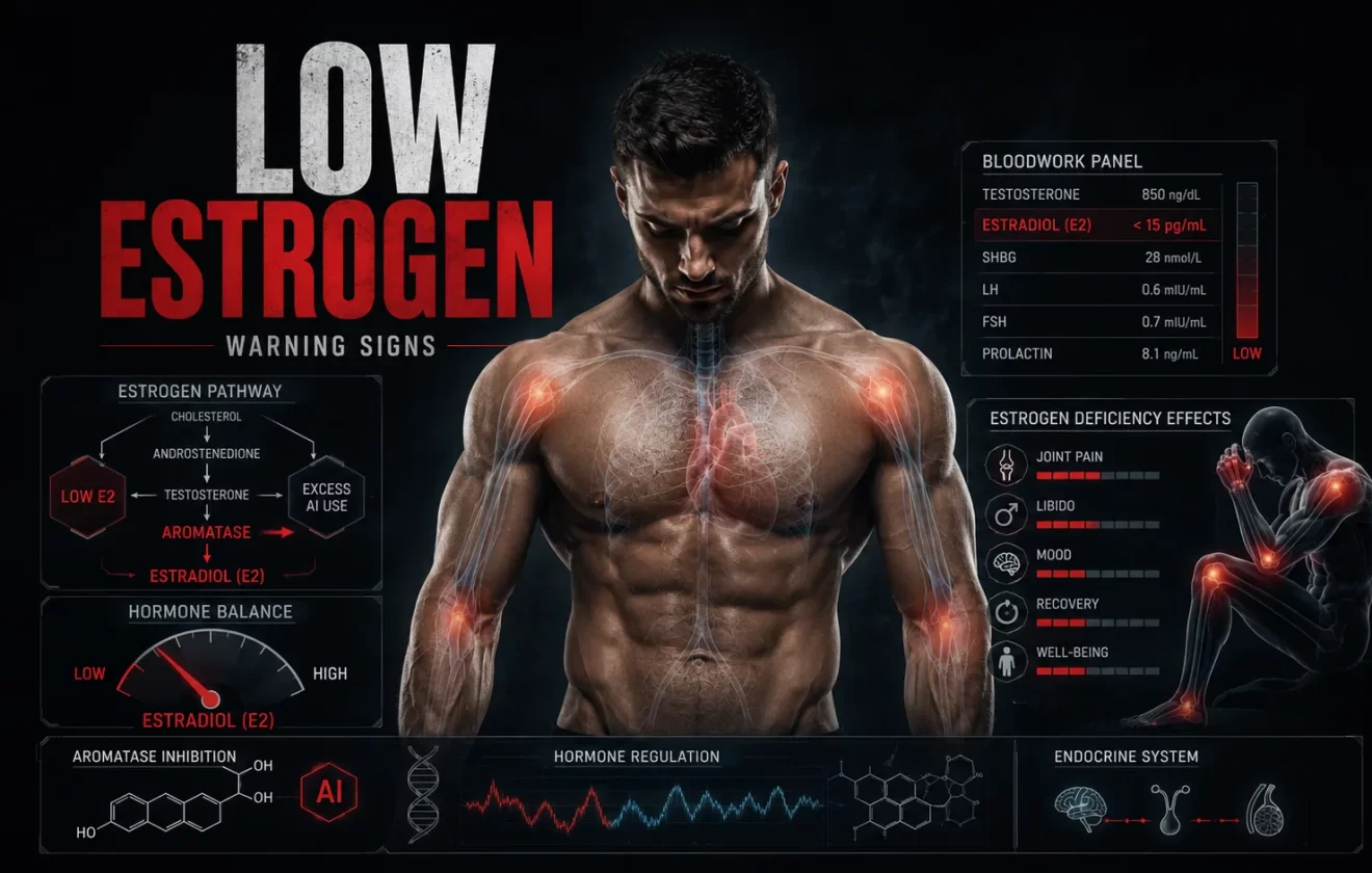 Low estrogen symptoms on steroid cycle showing endocrine imbalance estradiol deficiency and joint health visualization