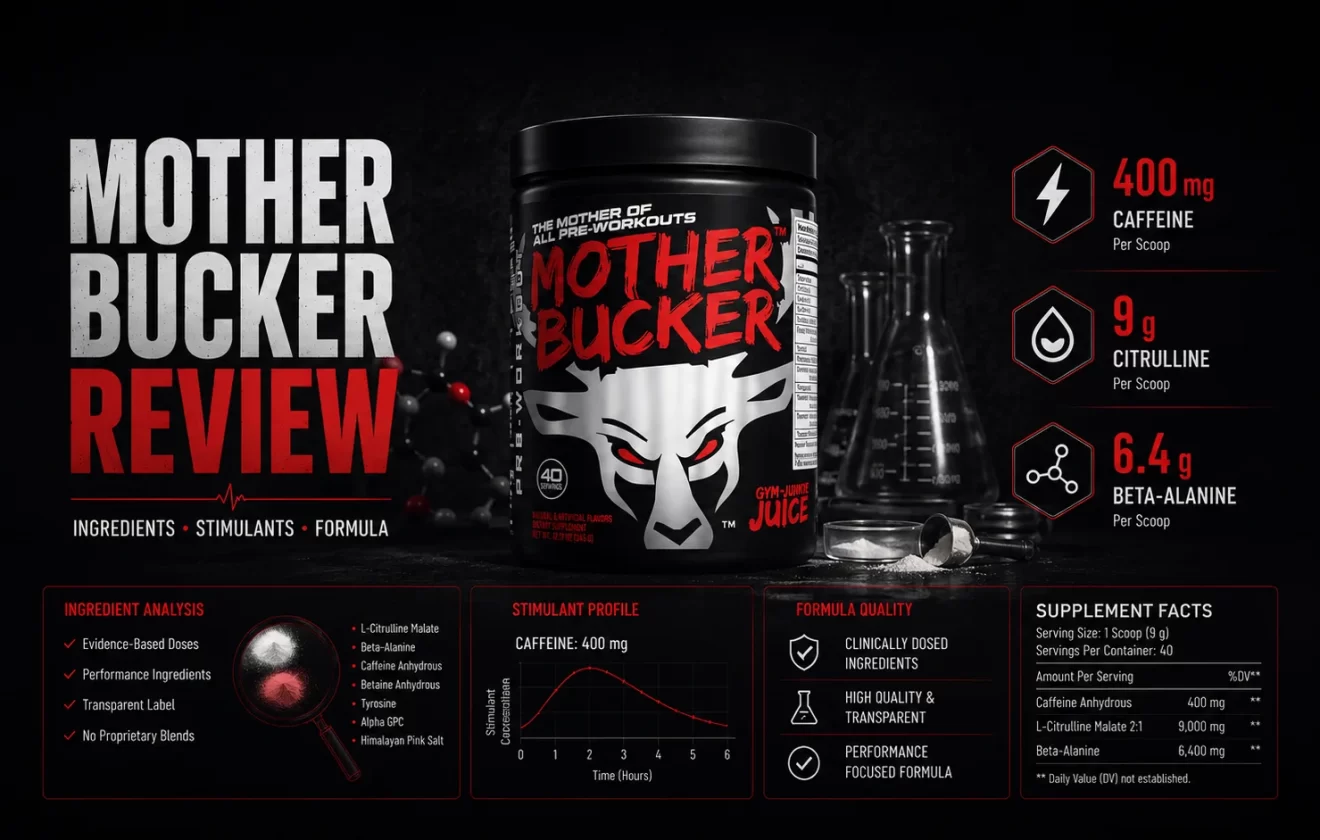 Mother Bucker pre workout review showing original container ingredients caffeine and formula analysis