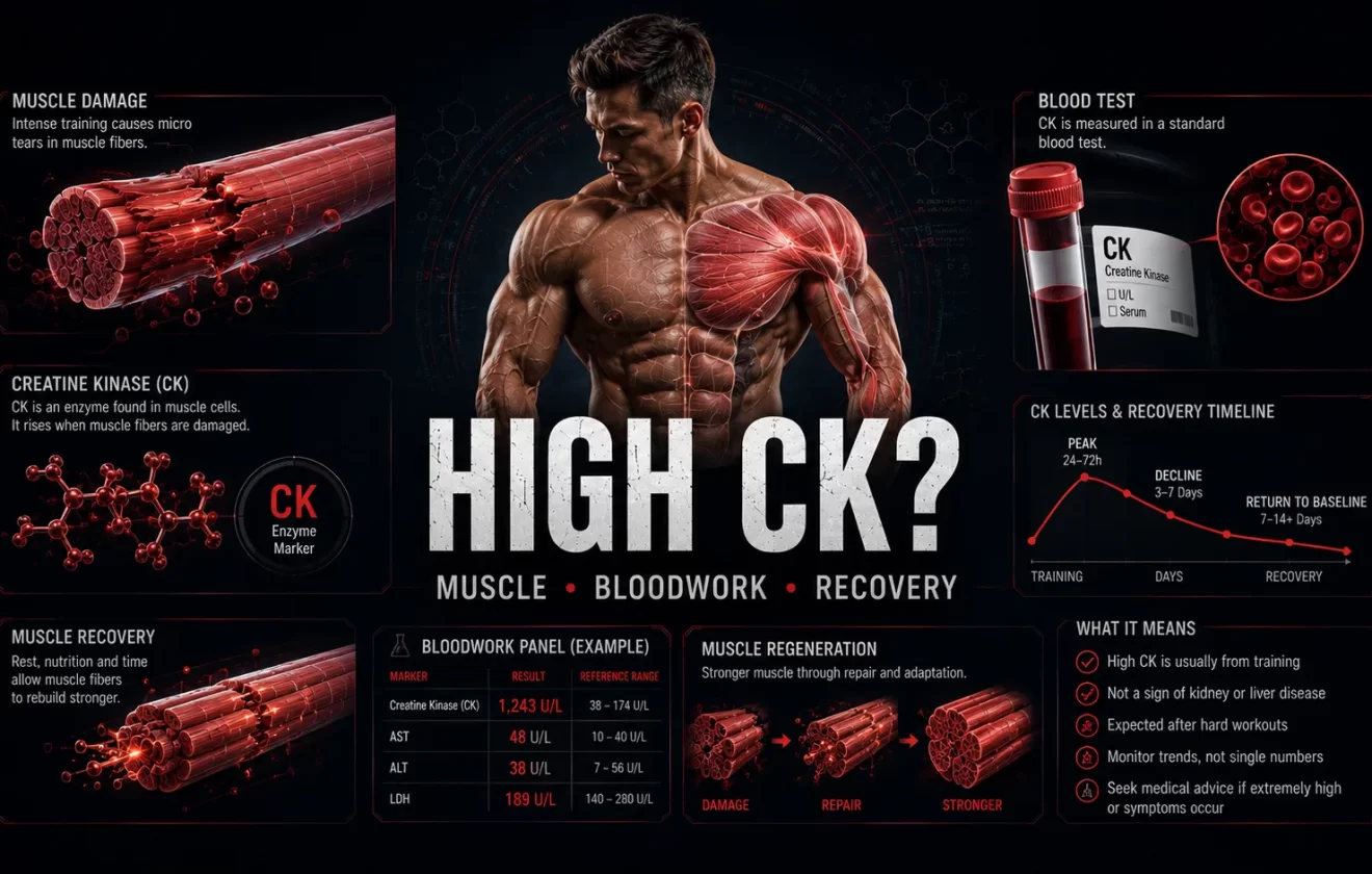 High creatine kinase (CK) blood test explained with muscle damage, recovery, and laboratory analysis