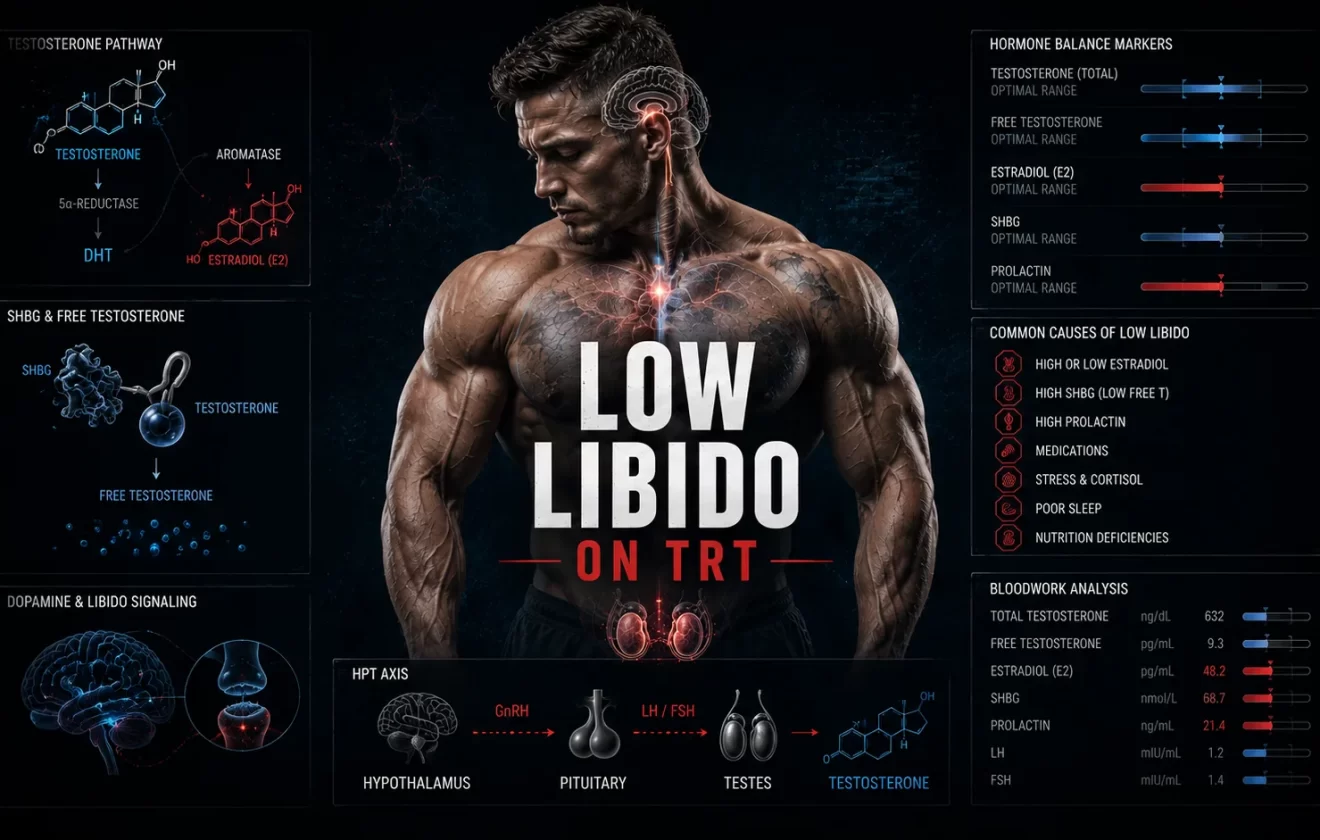 Low libido on TRT showing endocrine hormone imbalance, testosterone regulation, SHBG, estradiol, prolactin, and hormone bloodwork visualization