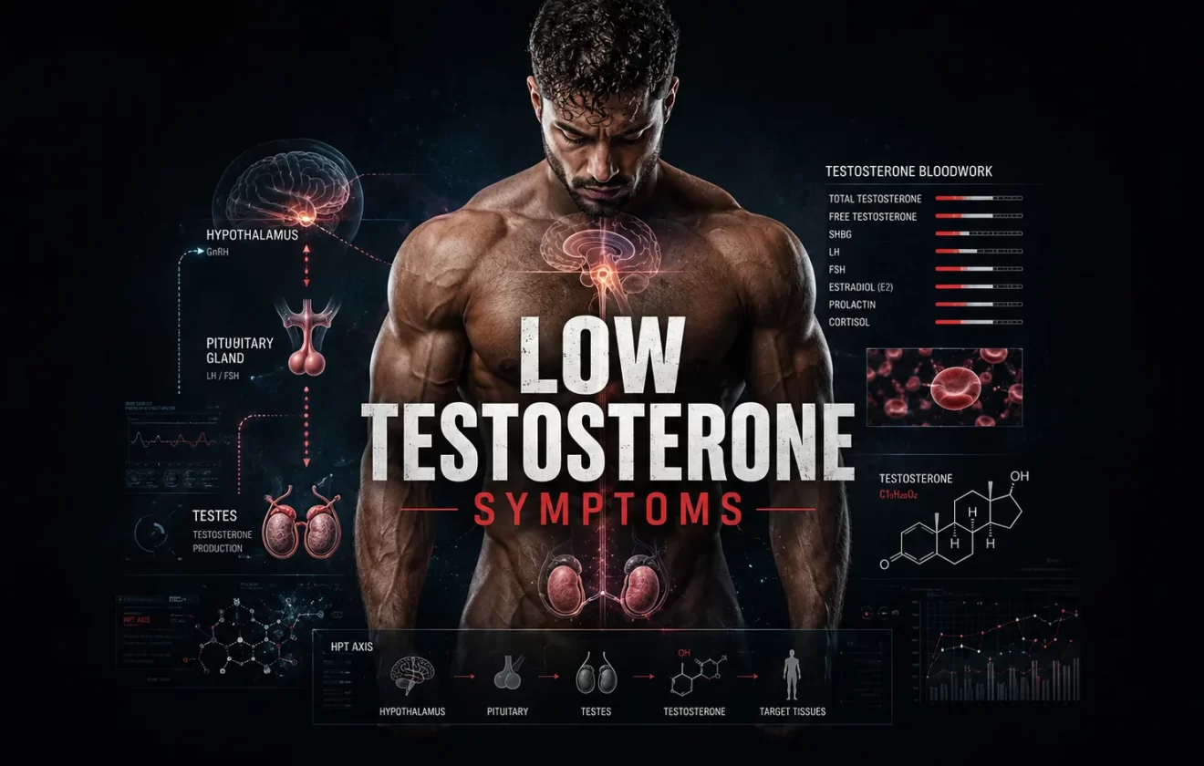 Low testosterone symptoms showing the hypothalamic pituitary testicular axis, endocrine signaling, and hormone bloodwork visualization