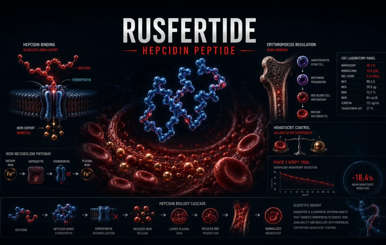Rusfertide hepcidin peptide showing iron metabolism, ferroportin regulation, red blood cell production, and hematocrit control