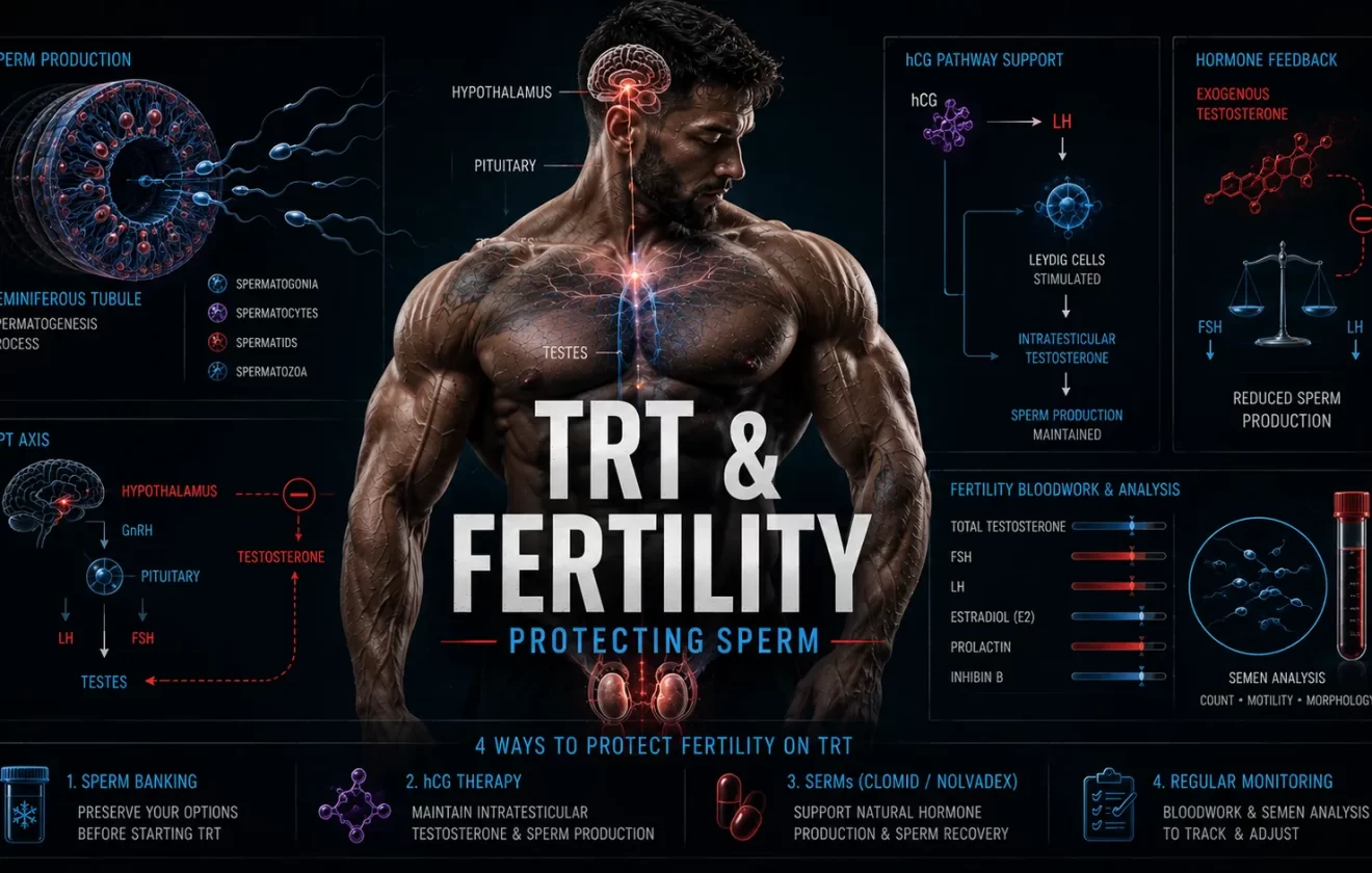 TRT and fertility showing hormone signaling sperm production and reproductive endocrine system visualization