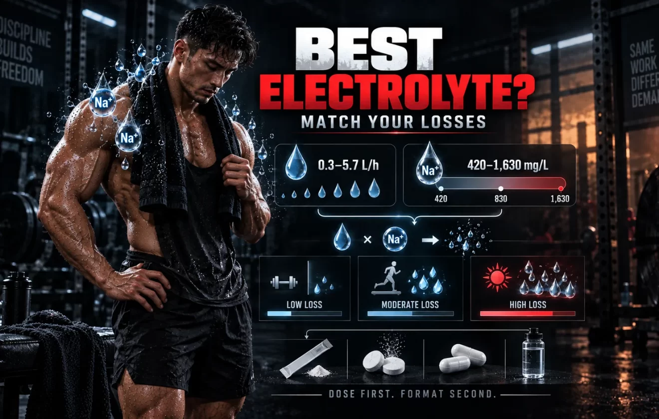 Best electrolyte supplement guide showing muscular athlete, sweat sodium concentration, sweat rate and personalized electrolyte needs
