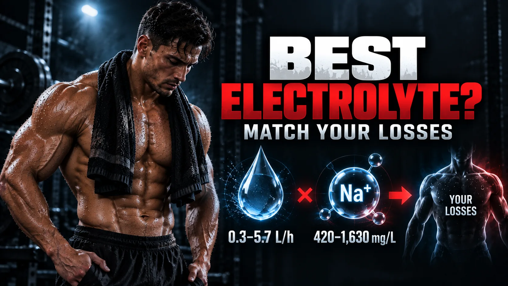Electrolyte supplement selection showing muscular athlete, sweat sodium range and individual sodium loss