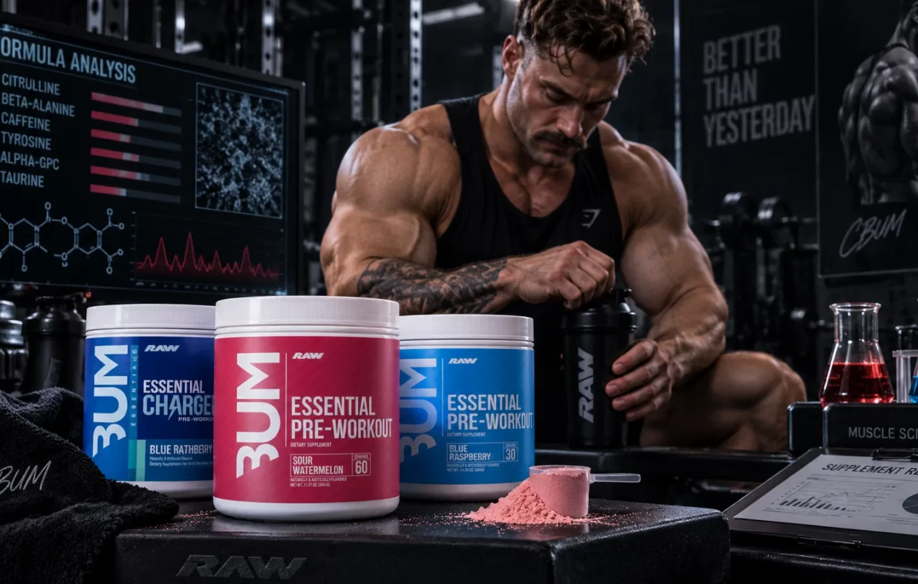 Chris Bumstead with RAW CBUM Pre Workout products and scientific analysis of the pre-workout formul