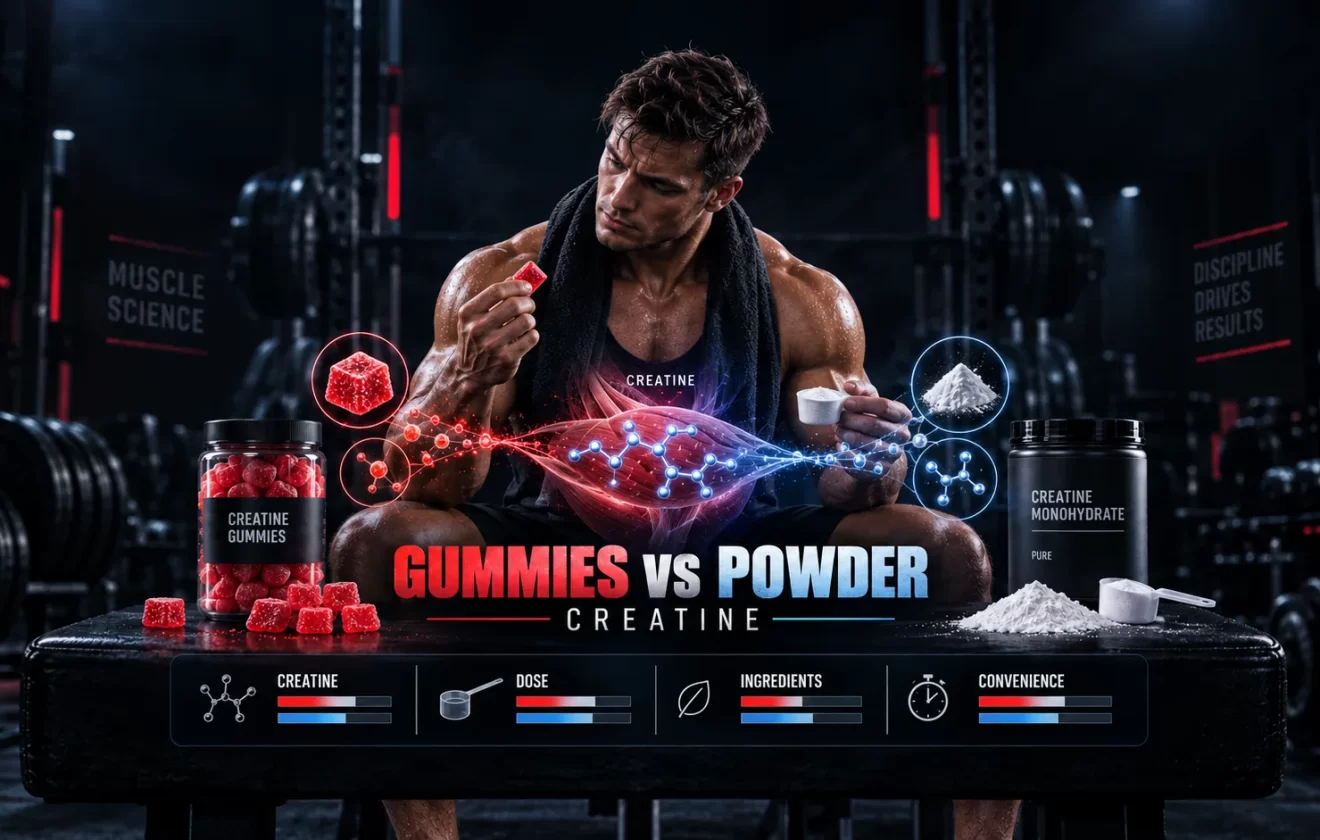 Creatine gummies vs powder comparison with muscular athlete, creatine monohydrate powder, gummies and muscle uptake visualization