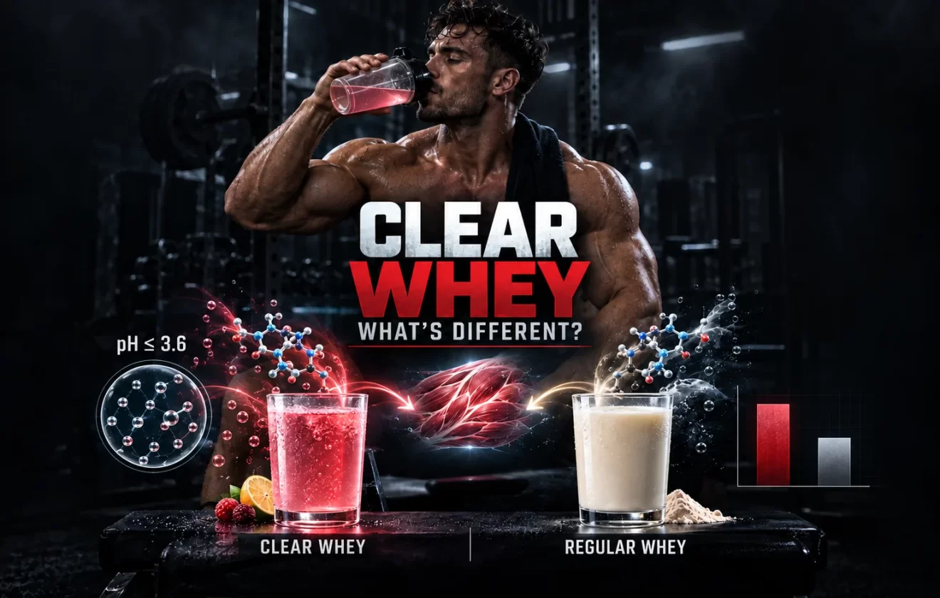 Clear whey protein compared with regular whey showing an advanced athlete, transparent protein drink and traditional whey shake