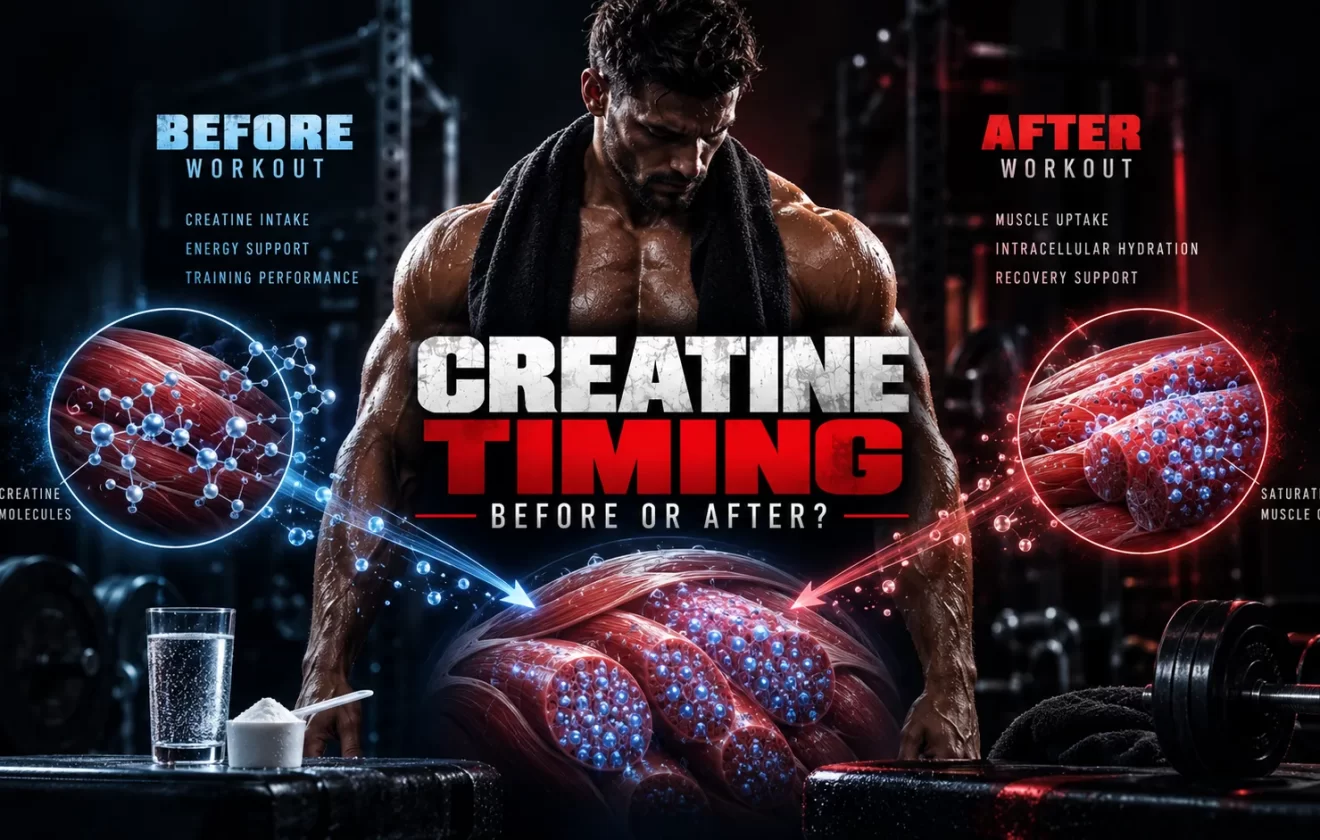 Creatine before or after workout showing a muscular athlete, pre-workout and post-workout timing, and muscle creatine uptake