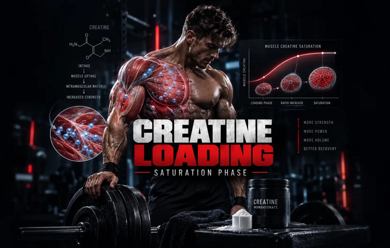 Creatine loading phase showing muscular athlete, muscle creatine saturation, intracellular water and muscle fiber hydration