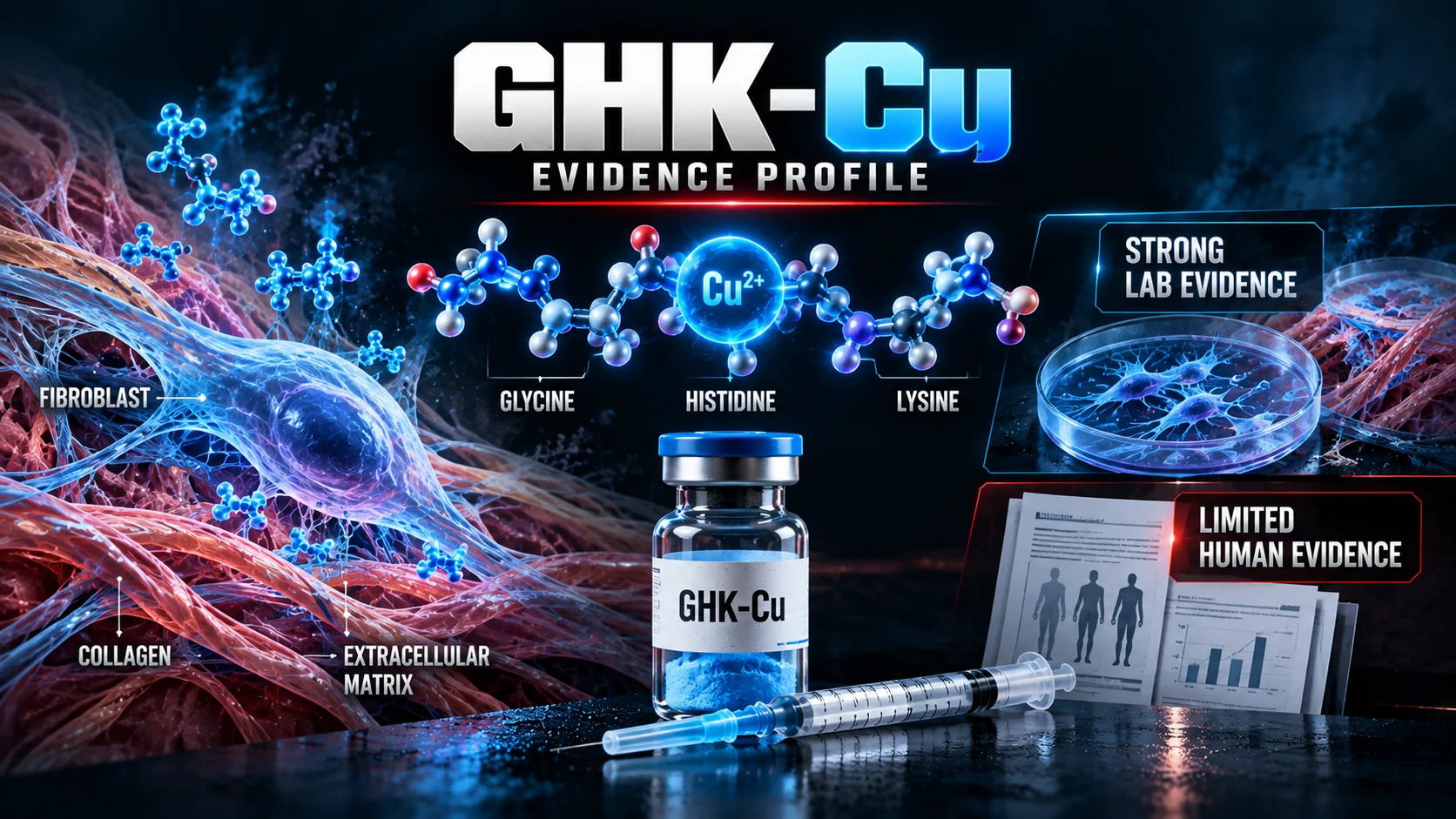 GHK-Cu copper peptide showing glycine histidine lysine, copper ion, fibroblasts, collagen remodeling and the gap between laboratory and human evidence