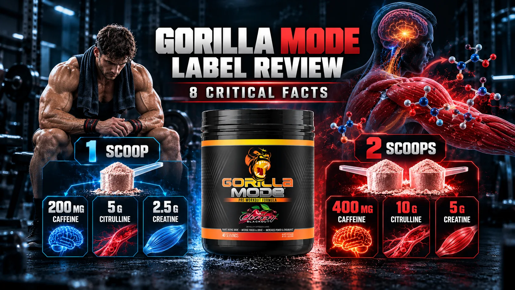Gorilla Mode pre workout review showing Candy Apple tub, 400 mg caffeine, 10 g citrulline and 5 g creatine label analysis