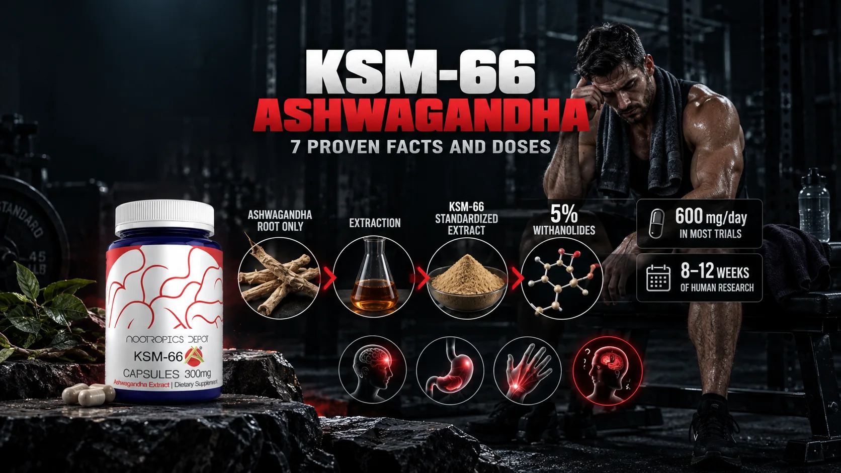 ksm 66 ashwagandha with Nootropics Depot 300 mg bottle, root-only extract, 5% withanolides and studied dose