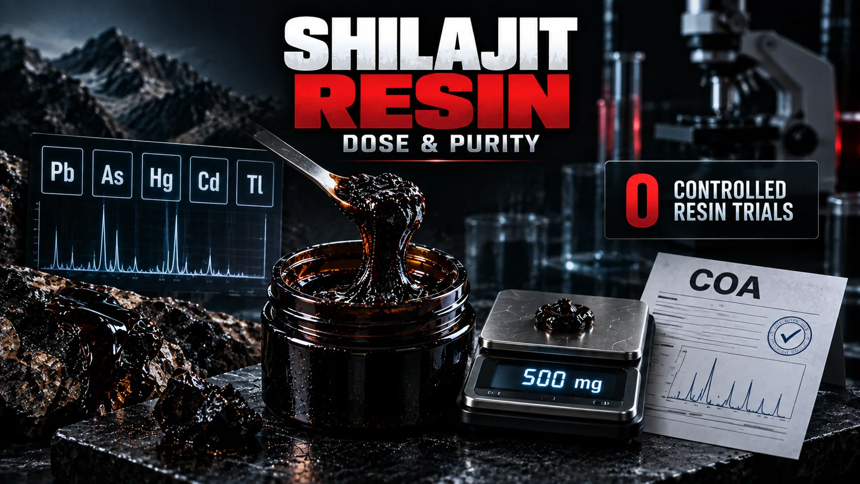 Shilajit resin on a measuring spoon with 500 mg dose, COA and heavy metal testing