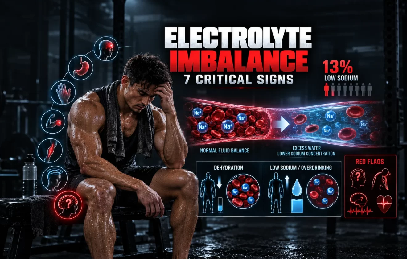 Signs of electrolyte imbalance showing muscular athlete with headache, sodium dilution, fluid imbalance and neurological warning symptoms