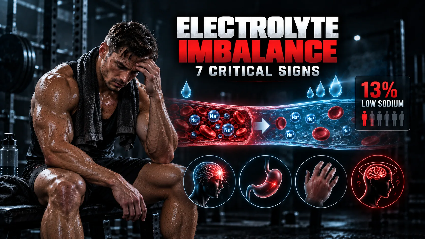 Electrolyte imbalance symptoms with muscular athlete, headache, low sodium and fluid dilution after exercise