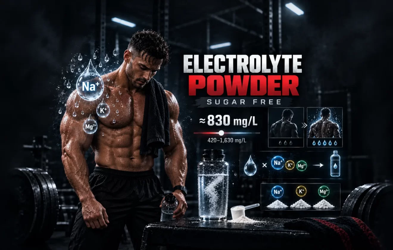 Sugar free electrolyte powder showing muscular athlete, sweat sodium loss, electrolyte minerals and hydration