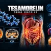 Tesamorelin showing the GHRH growth hormone axis, IGF-1 signaling, Egrifta-style injection vial and reduction in visceral abdominal fat
