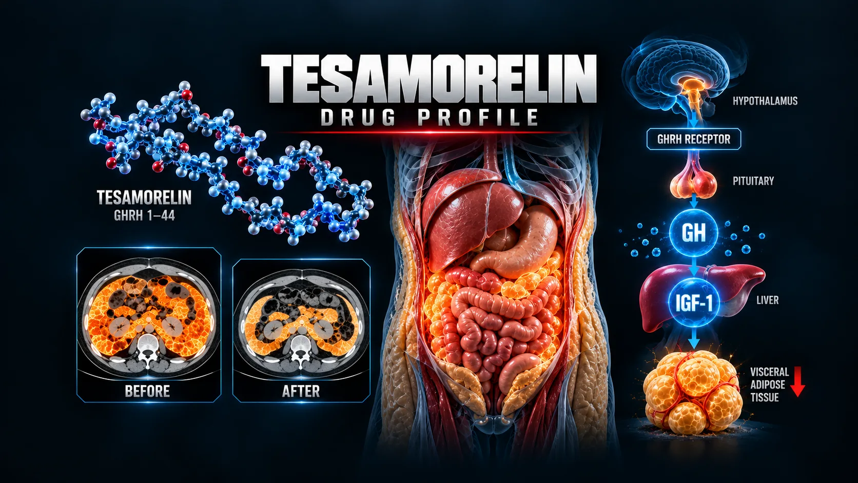 Tesamorelin showing the GHRH growth hormone axis, IGF-1 signaling, Egrifta-style injection vial and reduction in visceral abdominal fat