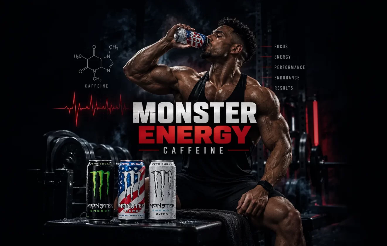 Caffeine in Monster Energy with muscular bodybuilder drinking Monster and several energy drink variants