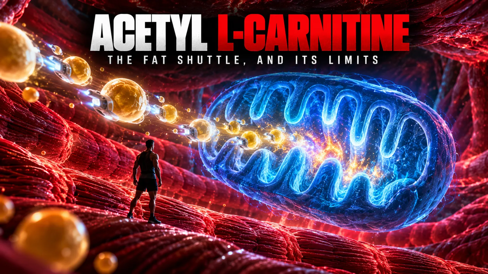Acetyl L-carnitine featured image: a tiny athlete inside a muscle fiber watching fat droplets shuttled into a glowing mitochondrion