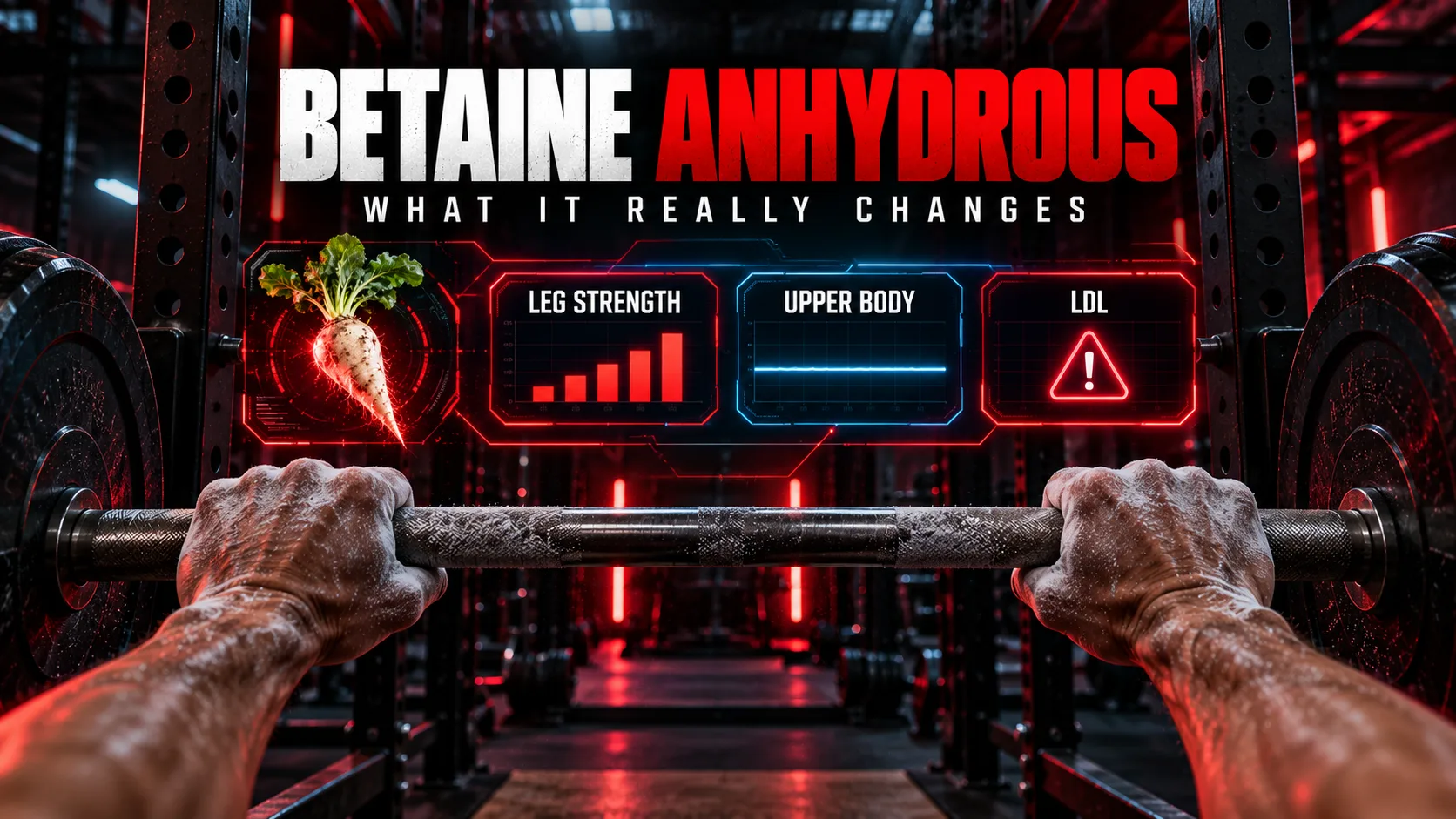 Betaine anhydrous featured image: first person view of hands on a barbell with a heads-up display for leg strength, upper body and LDL