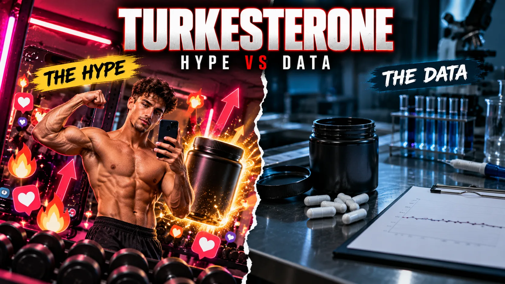 Turkesterone featured image: split screen of social media hype with a flexing athlete versus a quiet lab bench with capsules and a flat chart