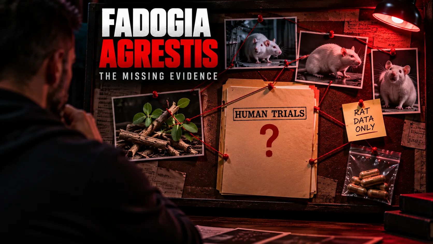 Fadogia agrestis featured image: an evidence board with rat study photos and an empty human trials folder