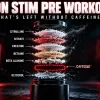Non stim pre workout featured image: exploded view of a supplement tub with layers of citrulline, nitrate, creatine, betaine, beta alanine and glycerol, and an empty crossed out caffeine slot