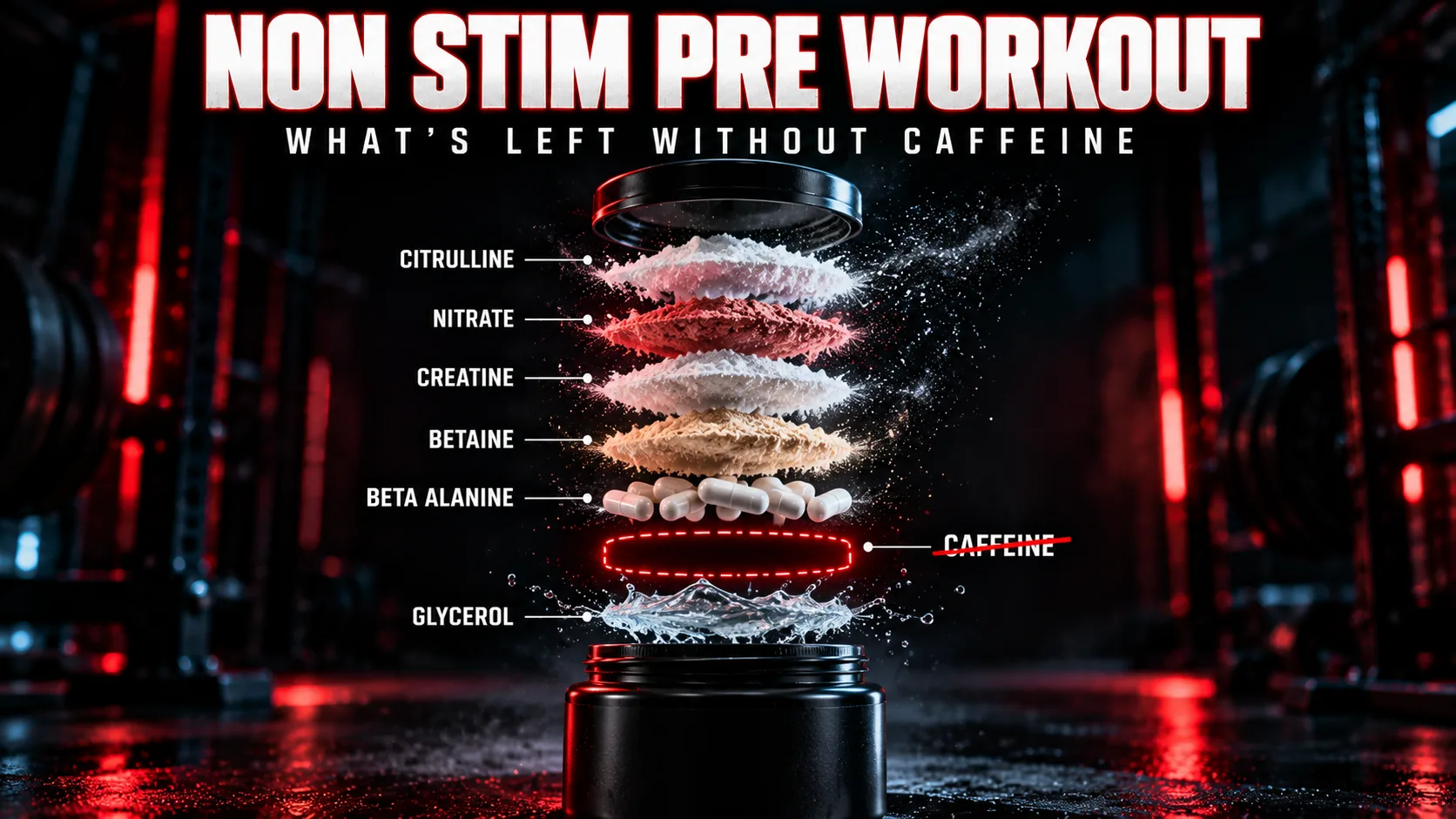 Non stim pre workout featured image: exploded view of a supplement tub with layers of citrulline, nitrate, creatine, betaine, beta alanine and glycerol, and an empty crossed out caffeine slot
