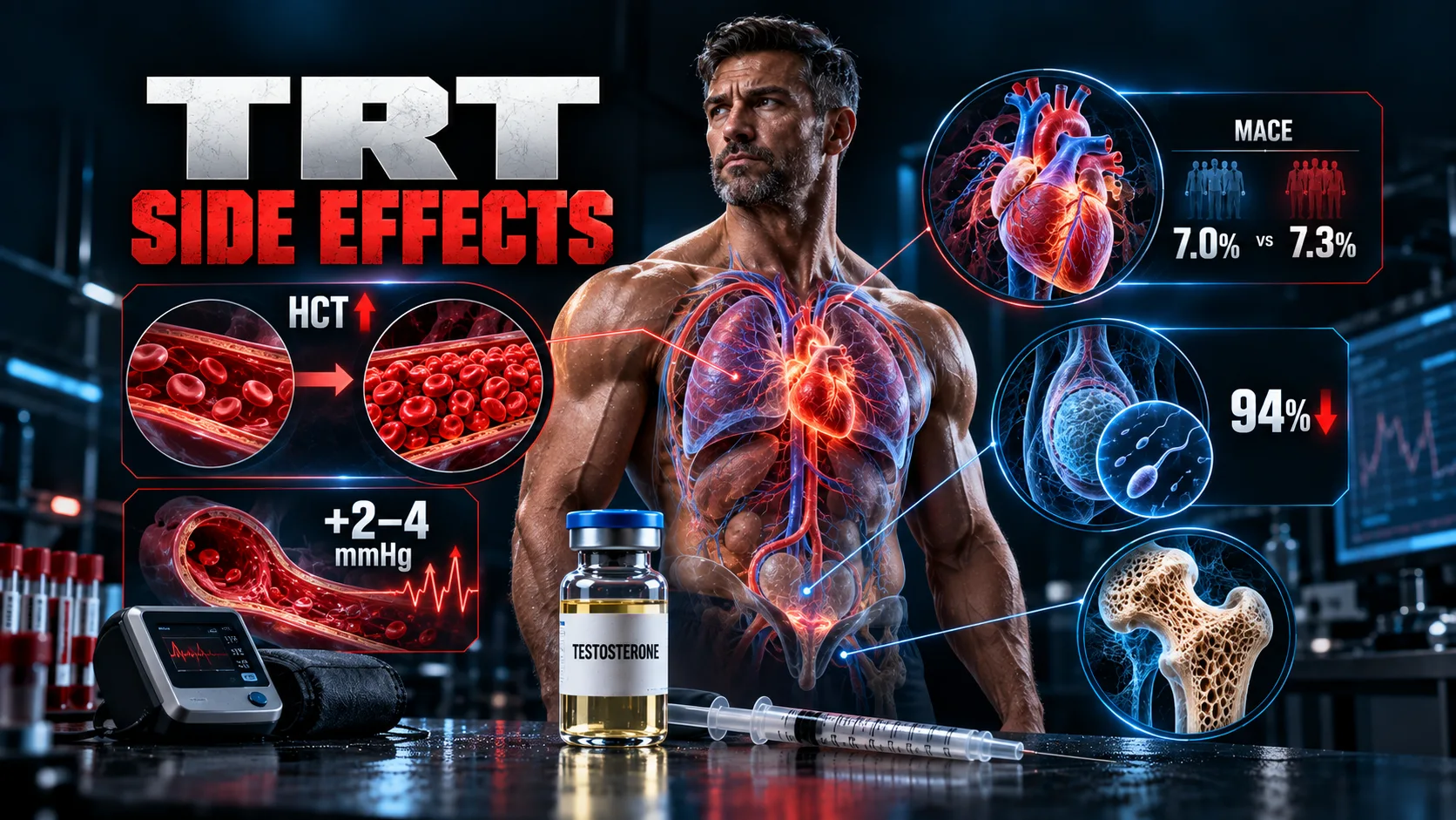 TRT side effects showing hematocrit, blood pressure, heart rhythm, fertility suppression and fracture risk during testosterone replacement therapy