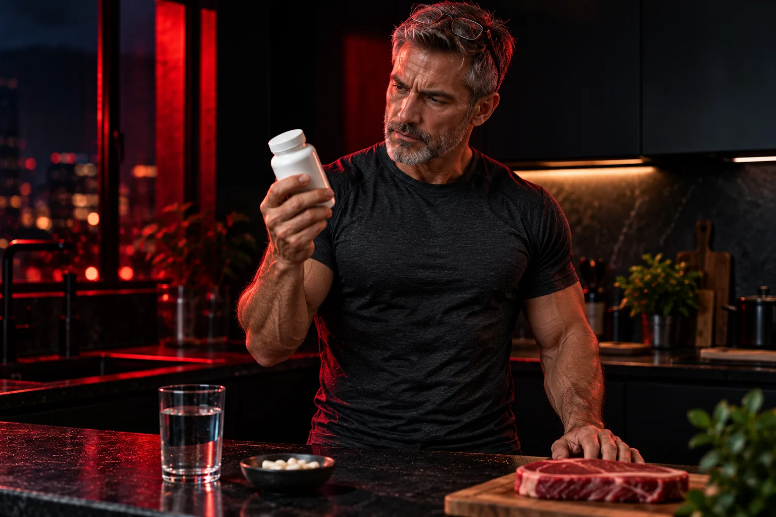Acetyl L carnitine supplement: a fit grey haired masters athlete in his fifties reading the label of a supplement bottle in a dark kitchen, with red accent light
