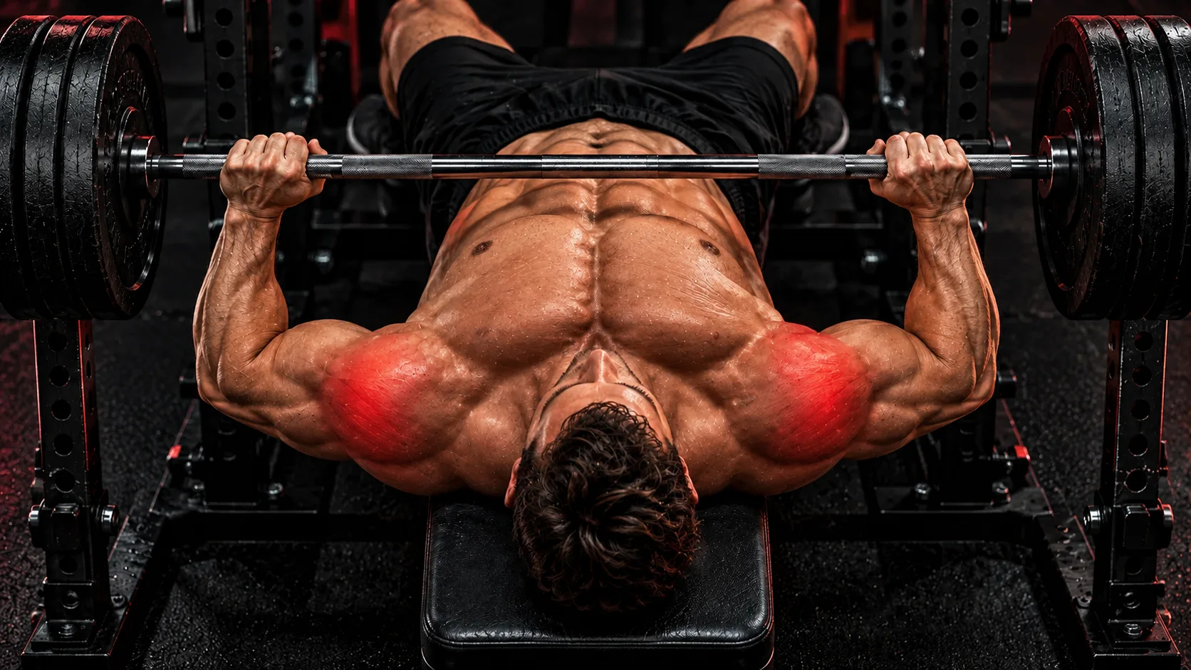 Bench press shoulder pain and setup: a lifter on the bench with a grip wider than the shoulders, the load concentrated at both shoulders