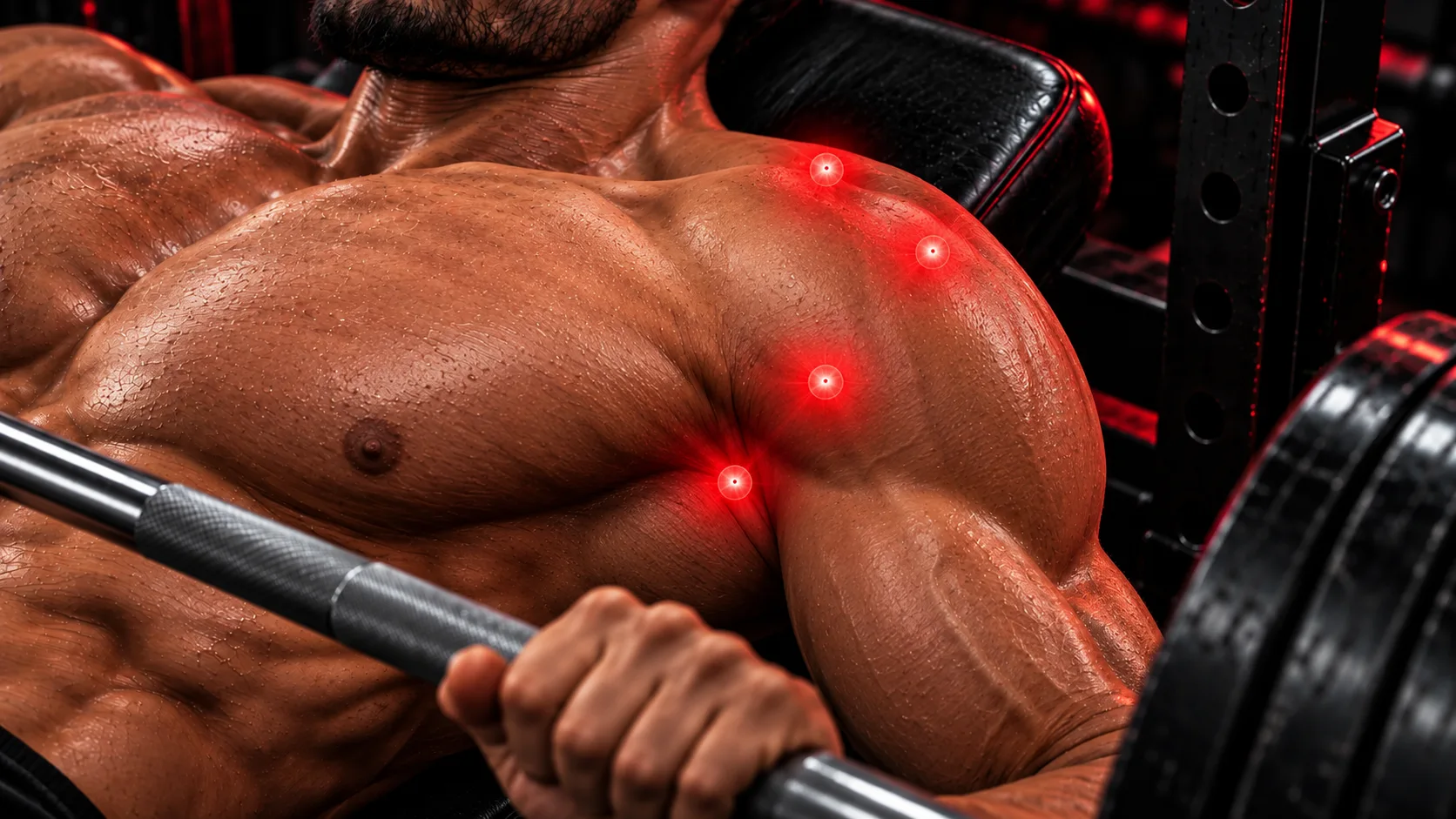 Shoulder pain bench press map: a lifter shoulder on the bench with four marked points, the top over the collarbone, the side under the point of the shoulder, the front, and the chest tendon near the armpit