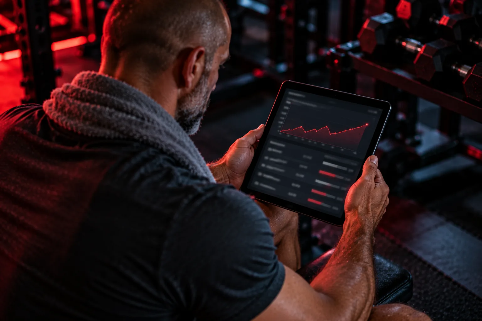 Betaine and cholesterol: over the shoulder view of a fit athlete in his forties with a grey beard reading blood test results on a tablet in a dark room with red light
