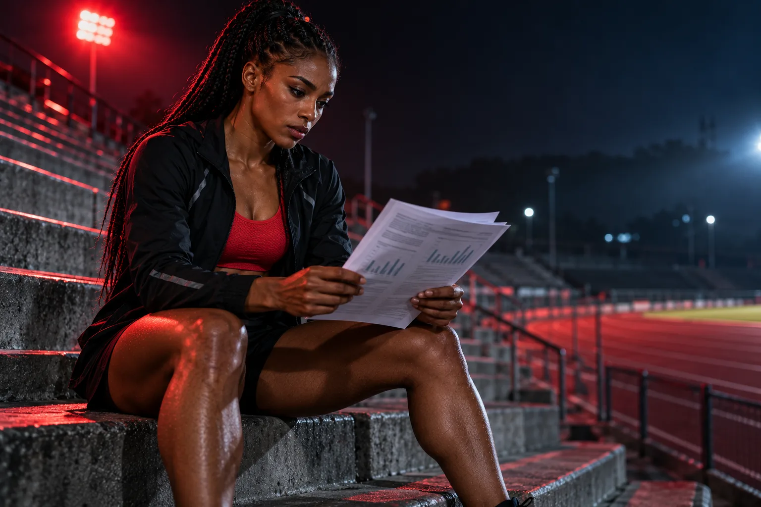 Fadogia agrestis research: a fit female sprinter with braided hair sitting on stadium steps at night in a track jacket, reading a printed study report under red stadium light