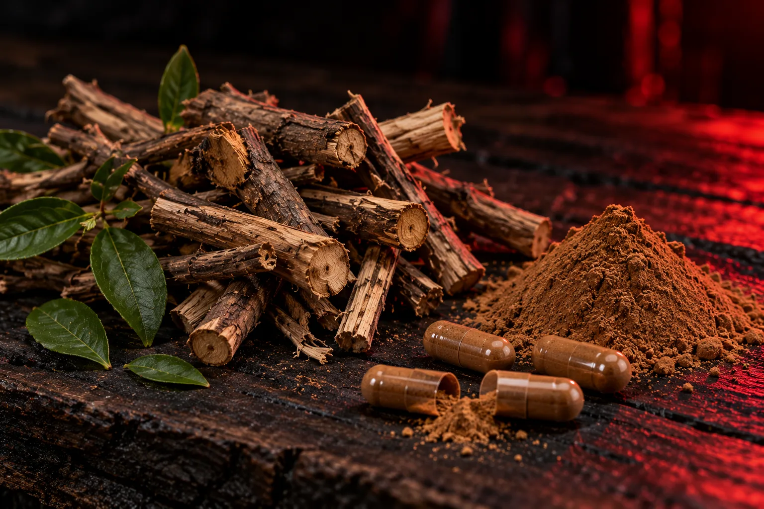 Fadogia agrestis supplement: dry woody shrub stem pieces, a small pile of brown powder and a few brown capsules on a dark wooden surface, with red side light