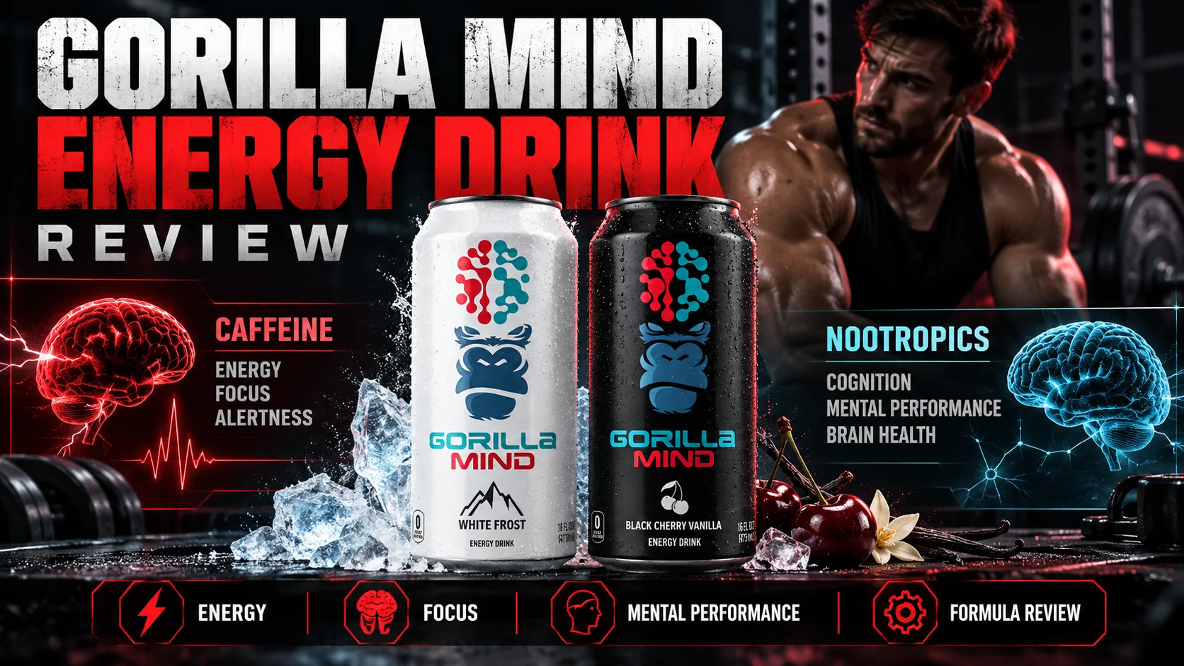 Gorilla Mind Energy drink can with caffeine and nootropic ingredient research comparison