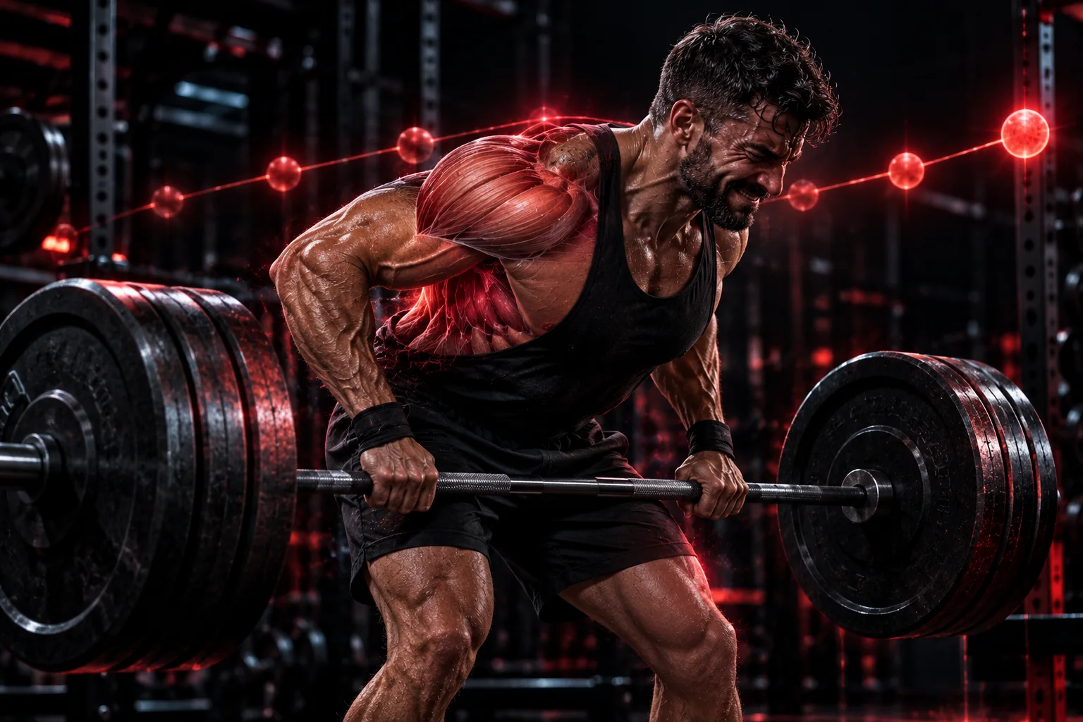 Training volume counted in hard sets: a lifter on the last rep of a heavy barbell row, the kind of set close to failure that the dose-response trials counted