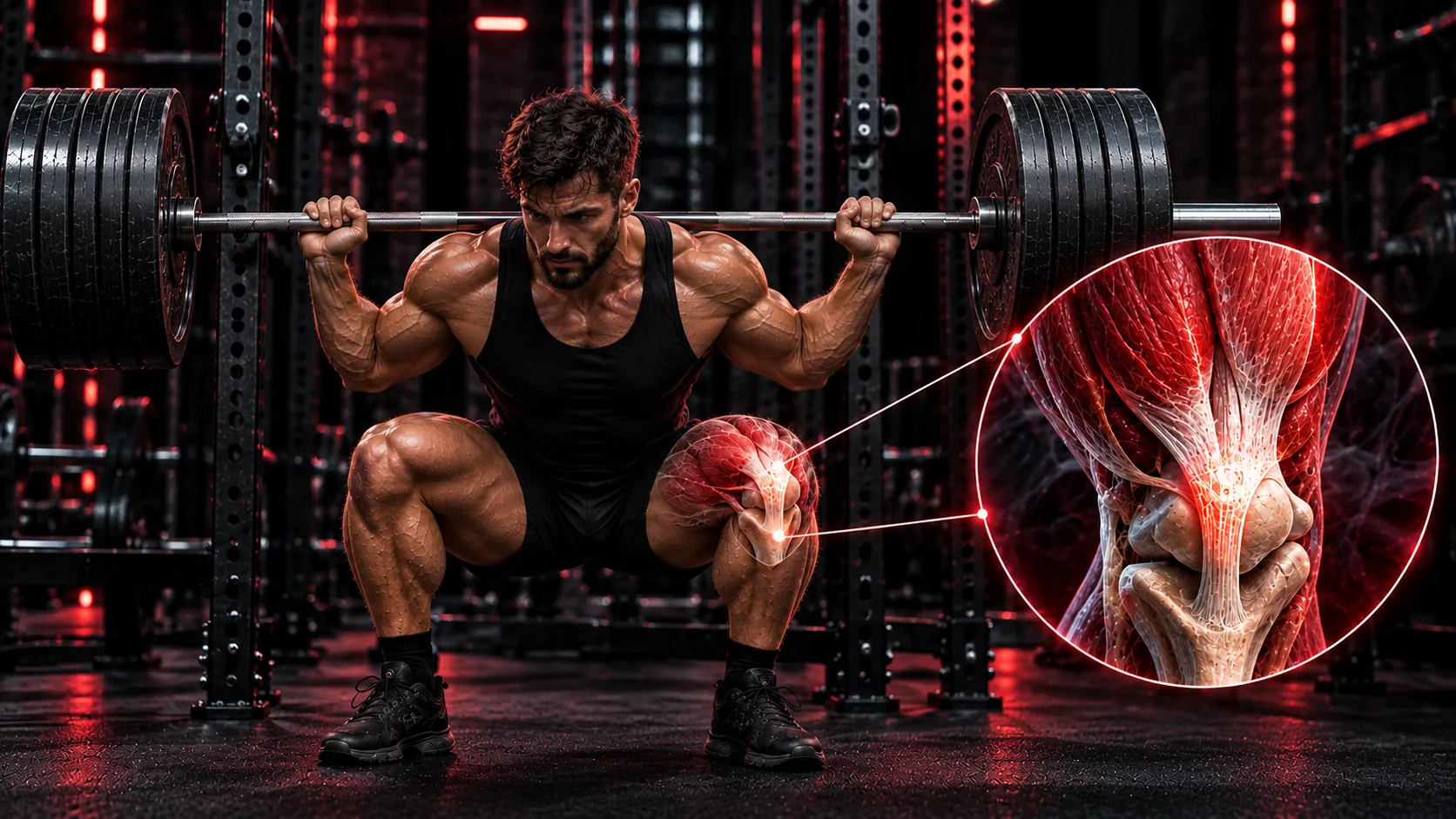 Heavy slow resistance for tendinosis: a lifter at the bottom of a slow controlled heavy squat with the knee and patellar tendon lit